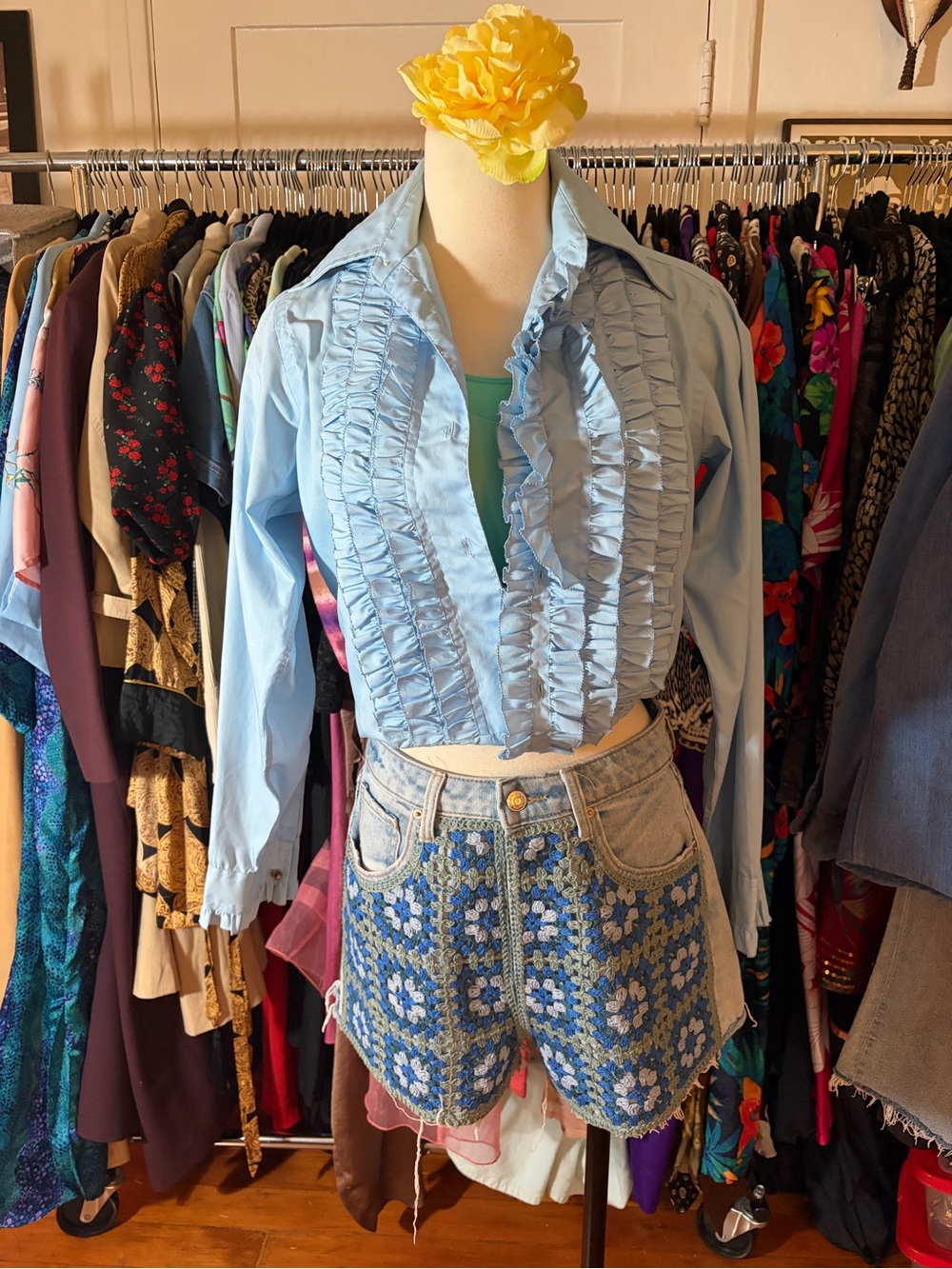 Crochet Panel Denim Shorts - Blue Multi - Picture 2 of 3